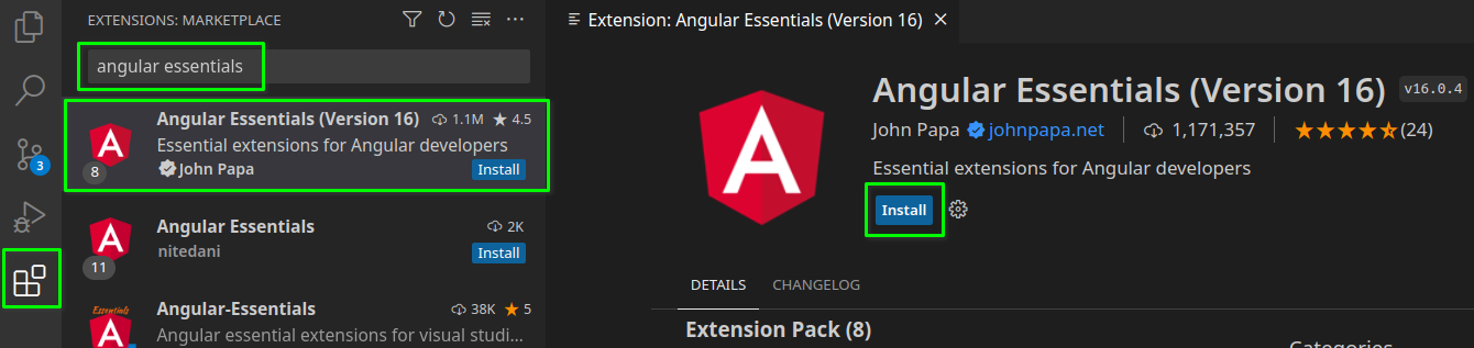 Instalar extensión Angular Essentials