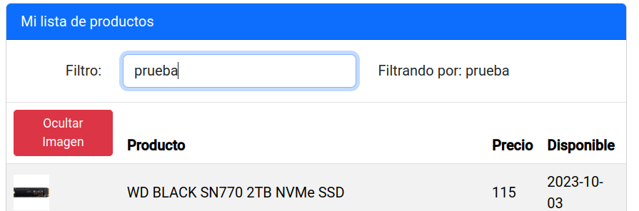Tabla de productos con filtro