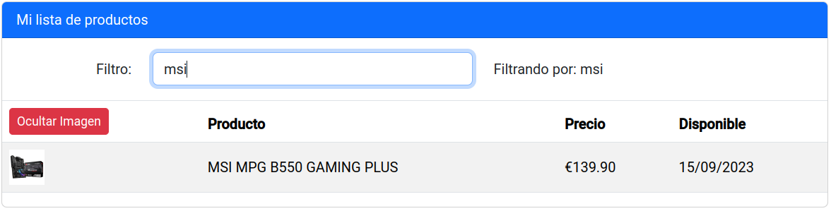 Tabla de productos con filtro personalizado