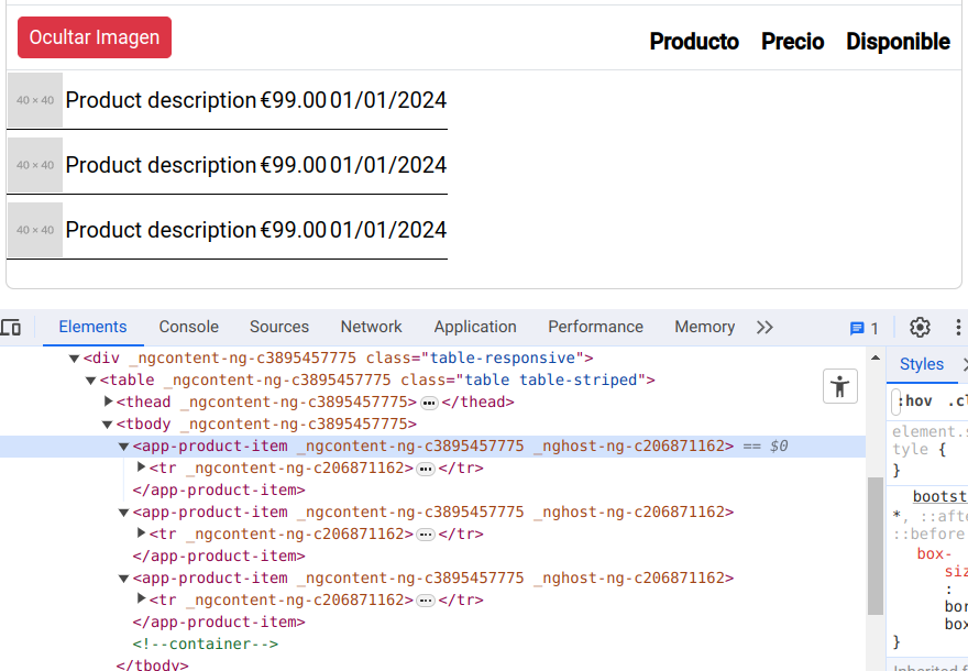 Tabla de productos con componentes anidados